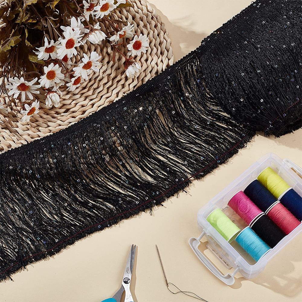 10yards Paillette Tassel Polyester Ribbon Trim Clothes Accessories Black 5-7/8 inch(150mm)