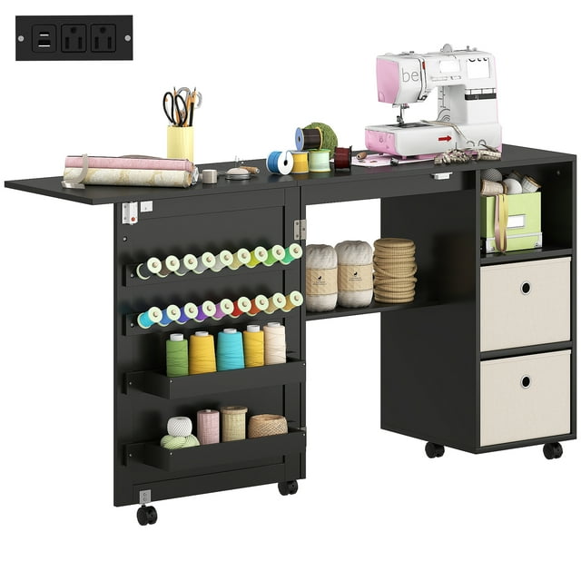 HOMCOM Folding Sewing Table with Power Outlet, Rolling Craft Table, Black