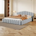 thumbnail image 2 of Modern Velvet Upholstered Queen Bed Frame with Shell-Shaped Headboard and for Bedroom, Soft Cushioned Queen Size Bed, No Box Spring Needed, Light Blue, 2 of 8