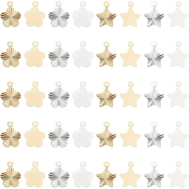 80 piezas de dijes de estrella de latón en 2 estilos, colgantes de flores, accesorios para joyería, dijes de estrella de latón dorado, colgantes de latón plateado