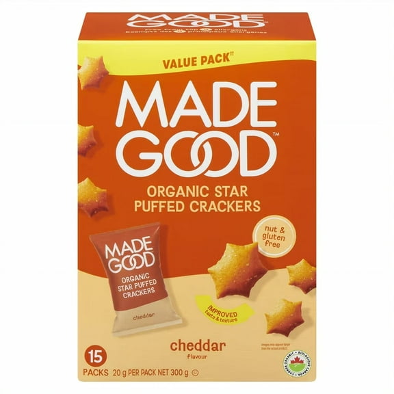 Made Good Organic Star Puffed Crackers Cheddar Flavor, Value Pack 15 Snack Packs - 300g/10.5 oz
