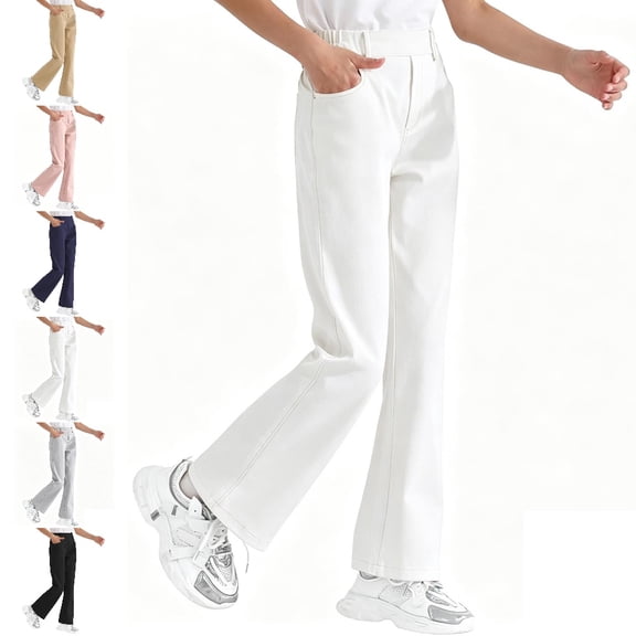 UJNDER Girls Back to School Flared Elastic Waist Pull On Straight Leg Long Trousers for Classic Uniform Style School Pants Girls Pants,White,11-12 Years