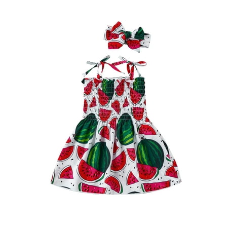 

JYYYBF Infant Baby Girls 2pcs Outfits Kid Tie-dye Fruit Flower Print Sleeveless Strappy Princess Slip Dress with Headwear Set