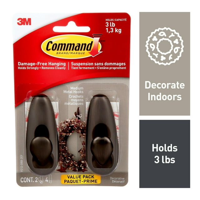 Command™ Medium Forever Classic Oil Rubbed Bronze Metal Hooks, FC12-ORB-2EF, 2 hooks, 4 strips, value pack