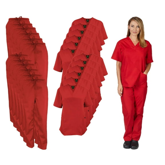 M&M SCRUBS Women Scrub Set V-Neck Medical Scrub Tops and Drawstring Pants - Pack of 12 Set (Red, XX-Small)