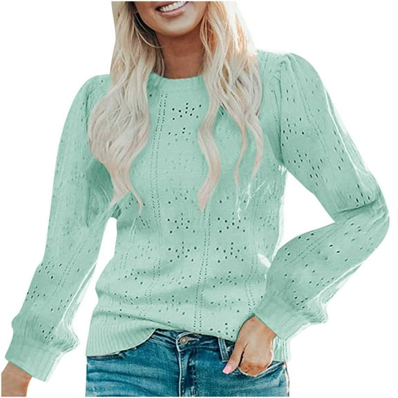 Women's Puff Long Sleeve Tops Dressy Casual Crew Neck Pullover Hollow Out Knit Sweater Shirt Solid Color Fall Clothes (Green L)