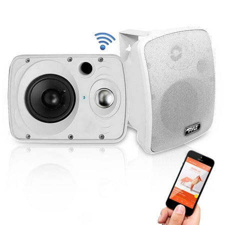 Pyle Outdoor Waterproof Wireless Bluetooth Speakers Wall/Ceiling Mounted Dual Speakers with Heavy Duty Grill  Universal Mount  Patio  Indoor Use- PDWR64BTW (White)