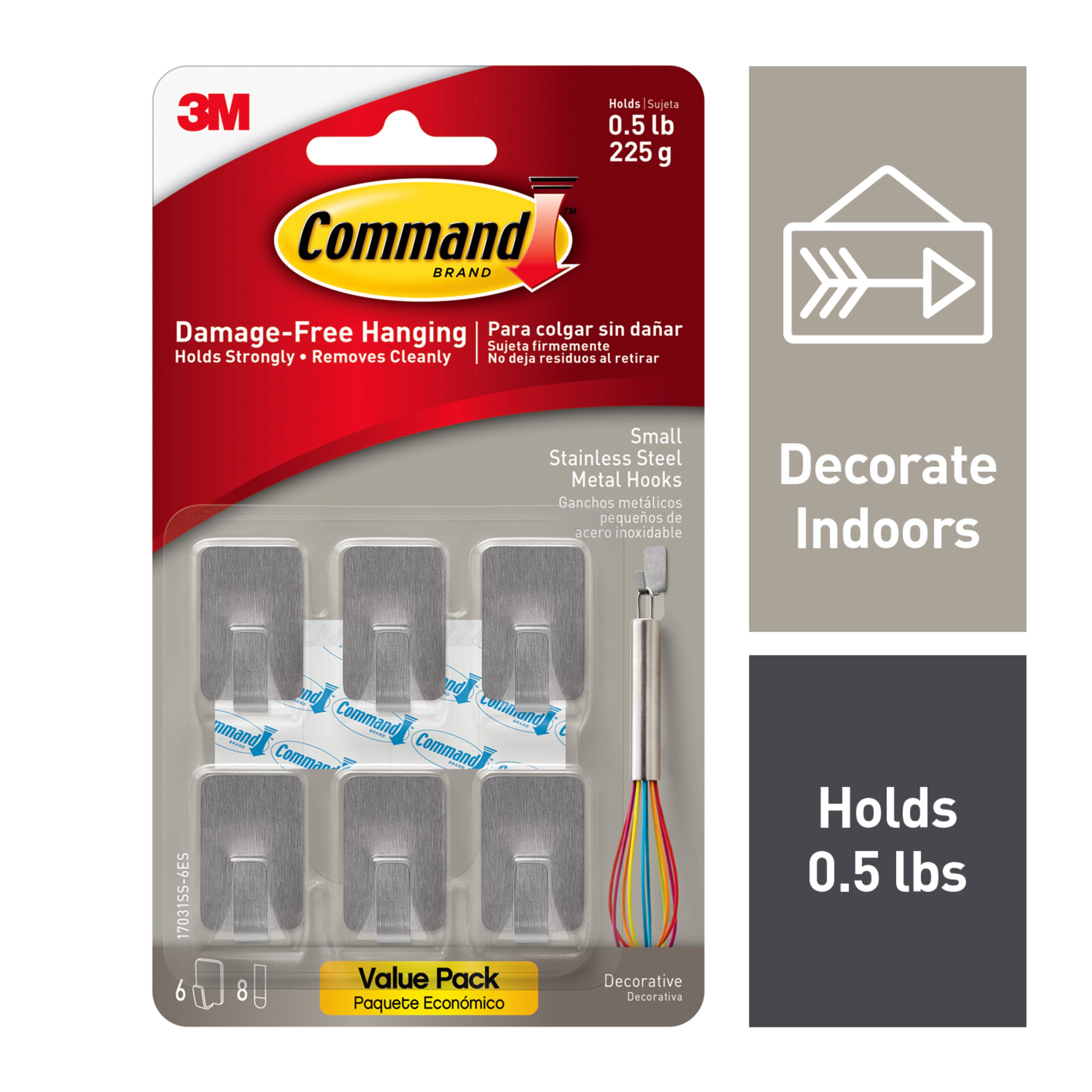 Command Small Stainless Steel Metal Hooks, 6 Hooks, 8 Strips/Pack