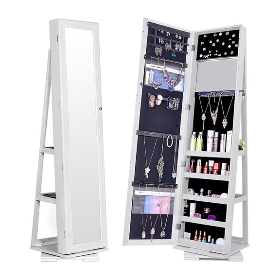 Mirror Jewelry Cabinet, 62.99-Inch Tall Lockable Jewelry Armoire Organizer with Mirror White