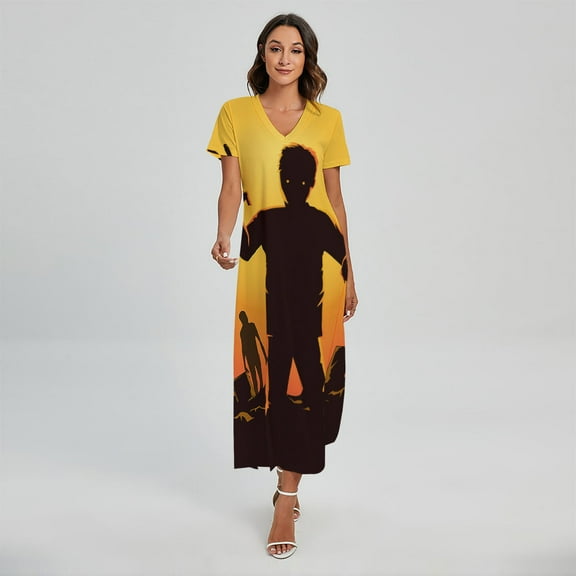 Halloween Walking Zombie Printed Short Sleeve Maxi Dress, Halloween Decorative Fashion Summer Maxi Dress For Women