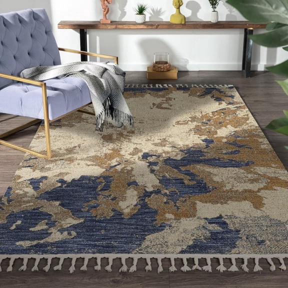 Luxe Weavers Abstract Fringed Blue 5x7 Area Rug, Stain-Resistant Carpet