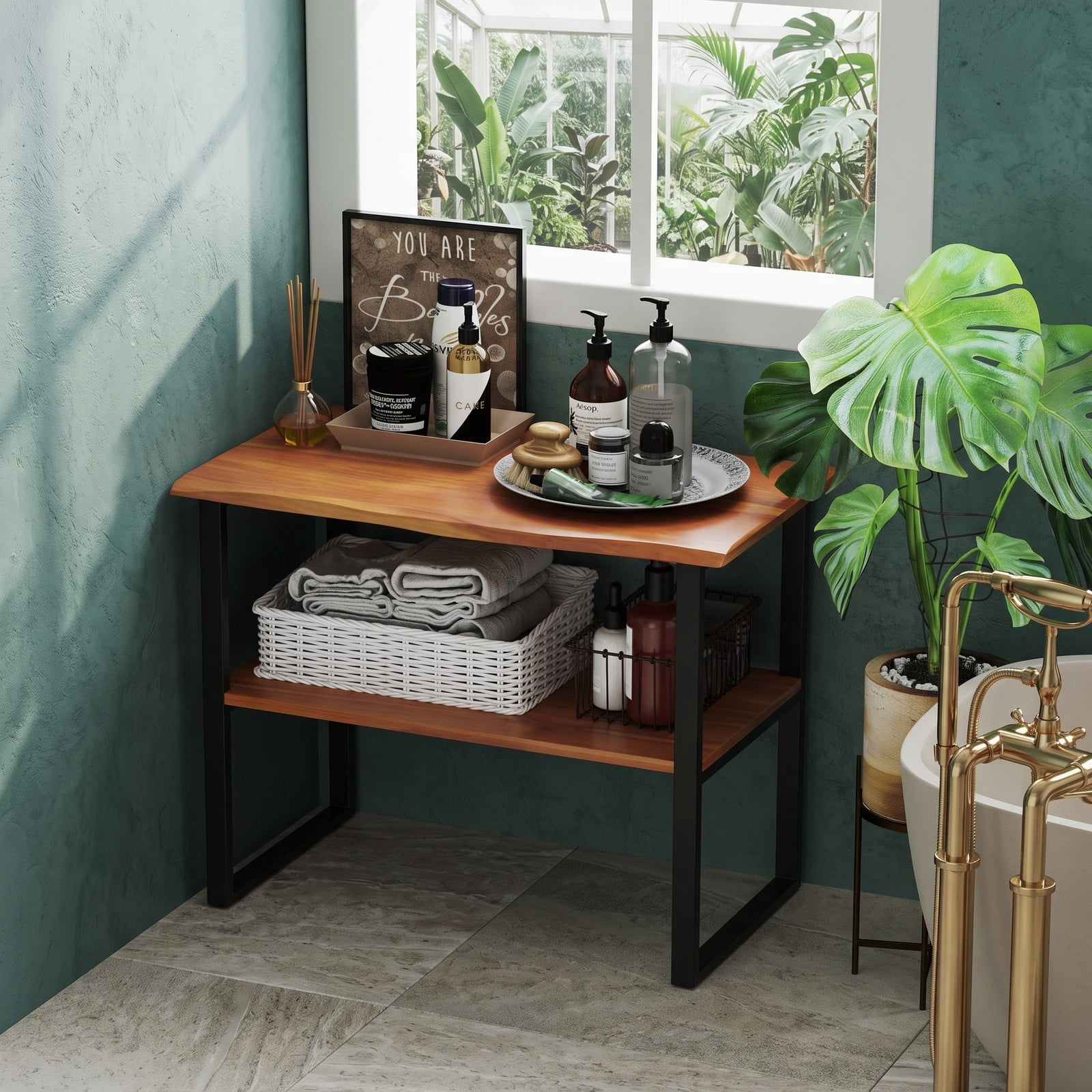 Furnibear 2-Tier Teak Wood End Table, Sofa Side Table with Open Storage Shelf for Living Room Bedroom Hallway Laundry Room, Waterproof Nightstand, Natural and Black
