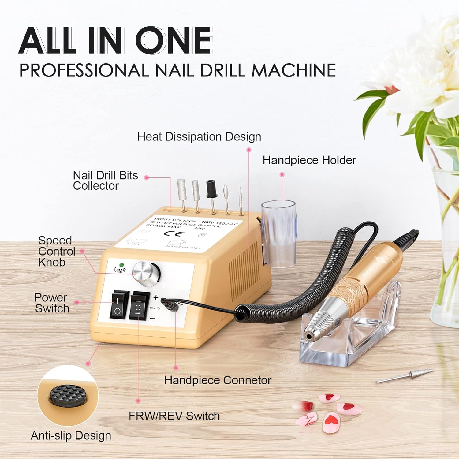 Professional Electric Nail Drill Kit 30000 RPM w/ 6 Bits & F/R Switch for Gel/Ac,gold