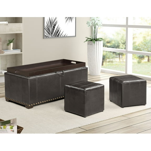 Leather Storage Bench with 2 Side Ottomans, Black