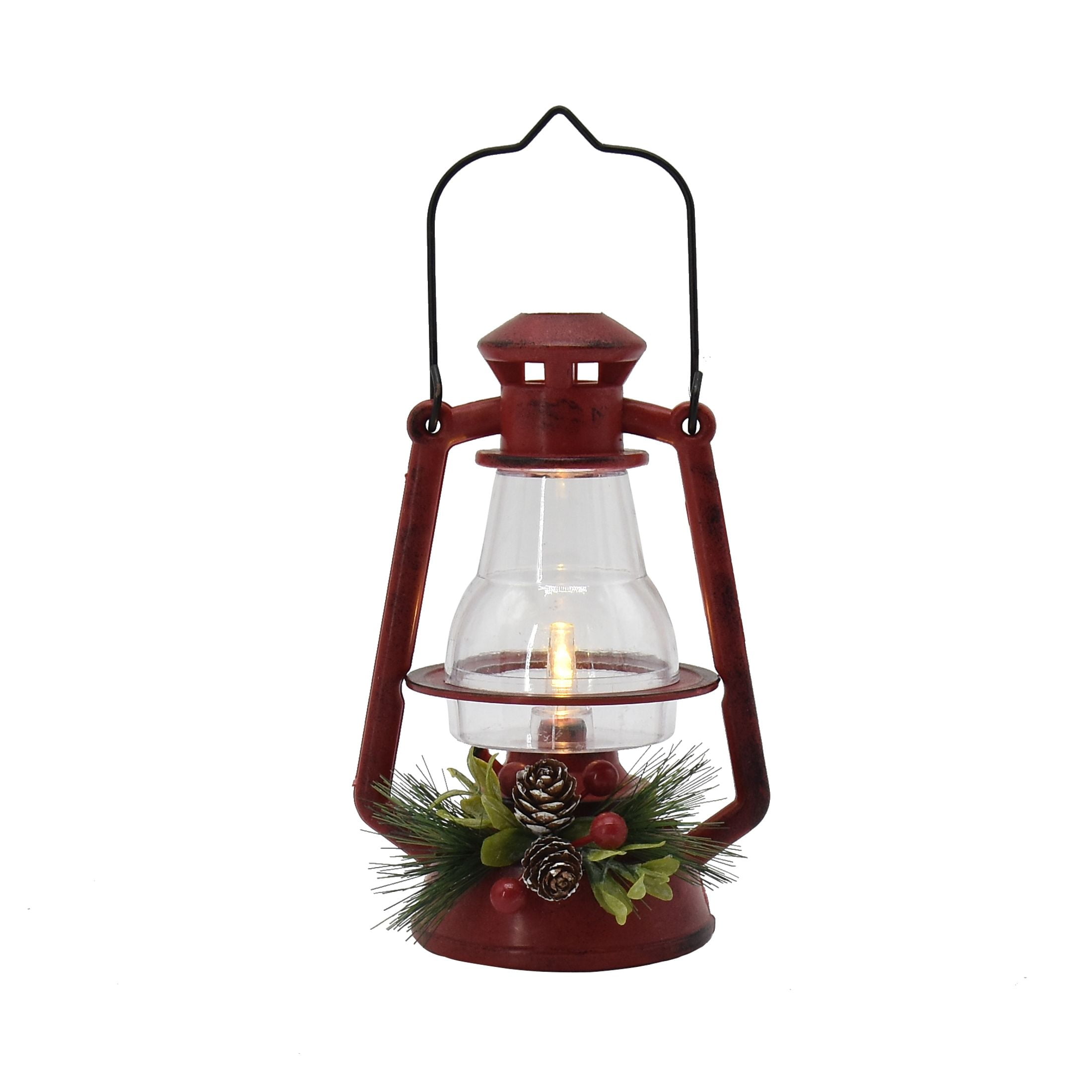 Holiday Time Light up Red and Clear Plastic Molded Lantern with Pinecones and Berry Decorative Jumbo Ornament