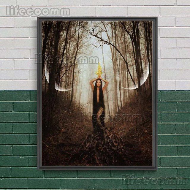 Pintura en lienzo de arte de pared de bruja gótica, diosa de la luna nueva y luna llena, hechizos de Luna y astrología, brujería, póster e impresión de decoración