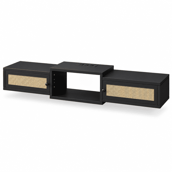 Modern Rattan Floating TV Stand with Doors,Wall Mounted TV Shelf for TVs up to 55 Inches,Media Console Entertainment Center for Under TV Storage Cabinet for Living Room Bedroom,Black