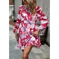 thumbnail image 2 of Floral Print Round Neck Shirred Detail Long Sleeve Dress for Women Red X-Large, 2 of 5