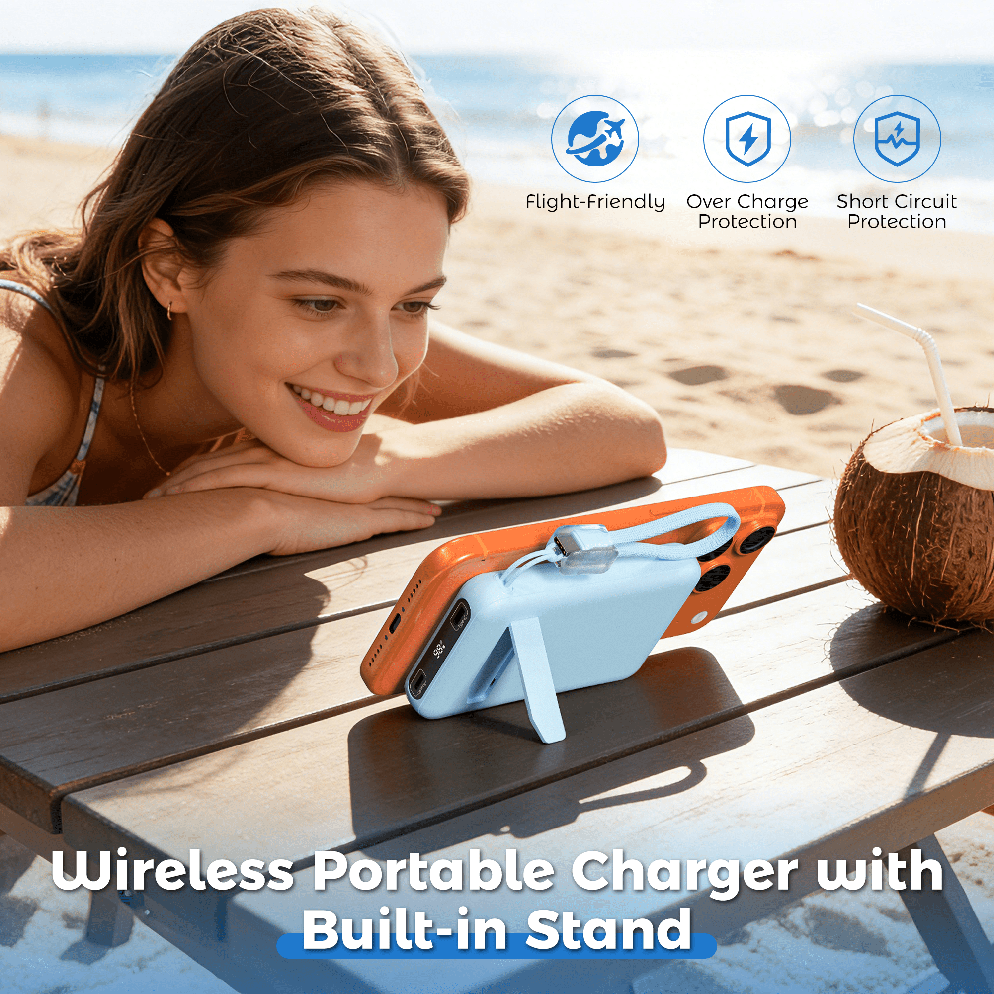 OWNTECH 10000mAh Magnetic Wireless Power Bank with Smart Display, 22.5W PD Fast Charging Portable Charger, Built-in Foldable Stand & USB-C Cable Compatible with iPhone 17/16/15/14 Series (Blue)