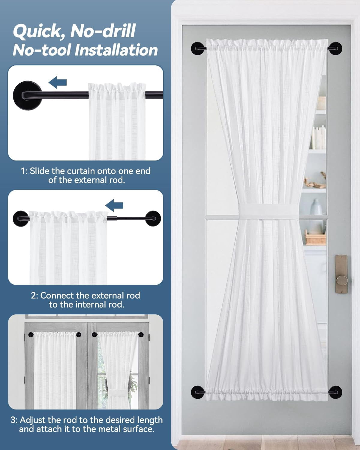 WarmHaven 2 Pack Magnetic Curtain Rod for Metal Doors, French Door Curtain Rods Adjustable from 17 to 30 Inch, 3/8 Inch Diameter, Magnetic Cafe Curtains Rod, No Tool and Easy Installation, Black