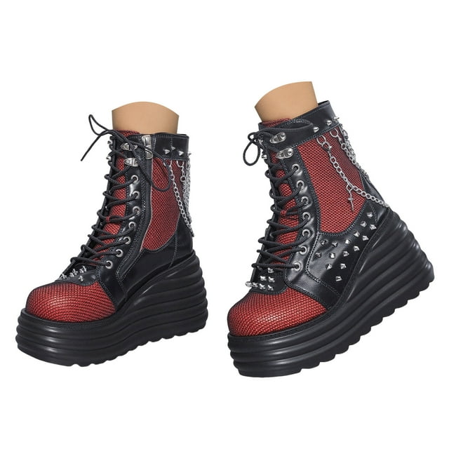 Dakaela Bottes Cheville à Plateforme Goth pour Femmes à Lacets, Bottillons de Combat à Talon Compensé Épais, Chaussures Punk à Talons Hauts