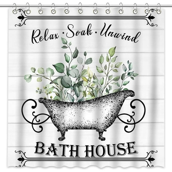 White Vintage Shower Curtain Green Leaves Inspirational Quote Shower Curtain Rustic Farmhouse Wooden Board Shower Curtain Set with 12 Hooks, 72x72 Inches