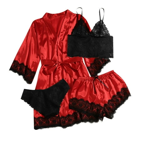 Mrat Womens Sleepwear Plus Size Lingerie Womens Sleepwear Corset Lingerie Lingerie Plus Size Lingerie Silk Robe Satin Bathrobe Four-piece Set Sleepwear Pajamas Red M