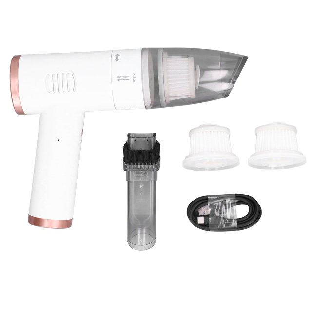 Aspirador de coche con carga inalámbrica, aspirador de soplado recargable, colector de polvo integrado para coche y oficina (oro rosa blanco)