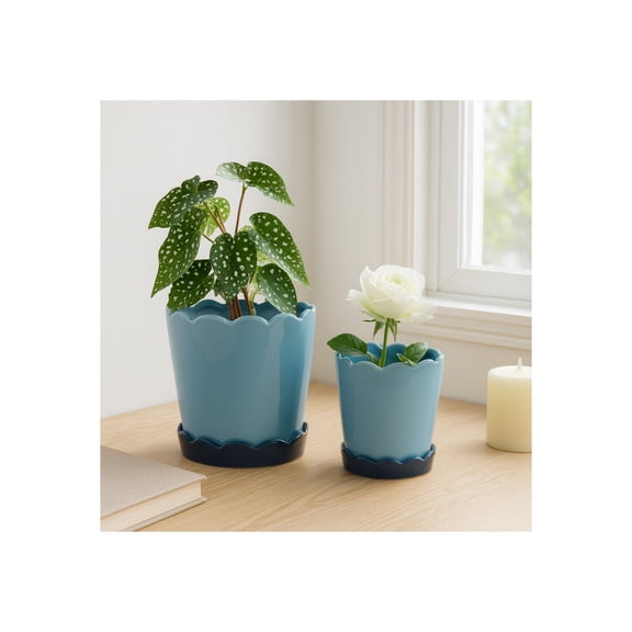 Modern Ceramic Flower Pots for Home Decor Accent - Scalloped Edge Planters and Pots for Plants with Glazed Design - Glossy Planters for Indoor and Outdoor Display - Set of 2, 8", 7", Blue