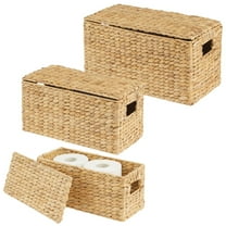 mDesign Woven Water Hyacinth Storage Basket, Lid/Handles, Set of 3 - Natural/Tan