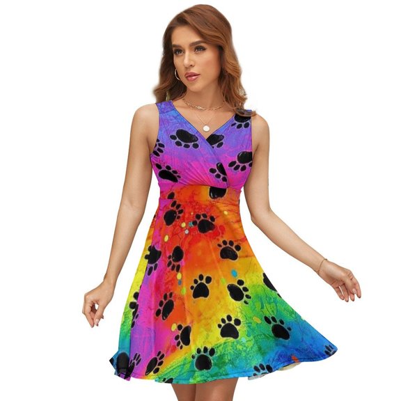 Watercolor Dog Paw Dress Fashion Beach Long Dresses Female Party Printed Sundress