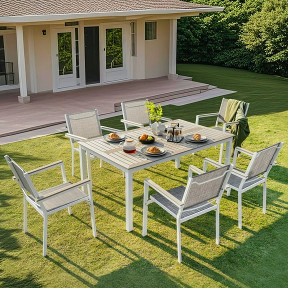 Nuu Garden 7-Piece Patio Furniture Set, Outdoor Dining Faux Wood Table Top Textilene Dining Set with Umbrella Hole, 6 Chairs and 1 Table, light brown and gray