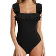 thumbnail image 2 of YOUI-GIFTS Womens Square Neck Ruffle Strap Ribbed Sleeveless Tank Tops Long Sleeve Bodysuits, 2 of 5