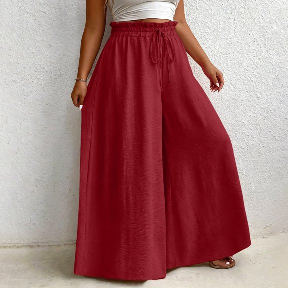 Aimik Women's Plus Size Drapey Casual Pants High-Waisted Stretch Waistband Trousers with Drawstring Breathable Summer Pants