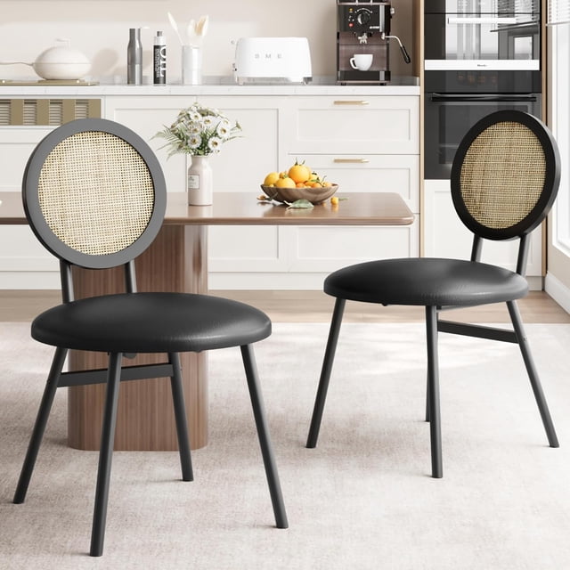 Qinaqin Set de 2 Negro Metálico cm Profundidadining Chairs con Alturaand- Anchooven Rattan Backrest y Cuero Sintético Seat