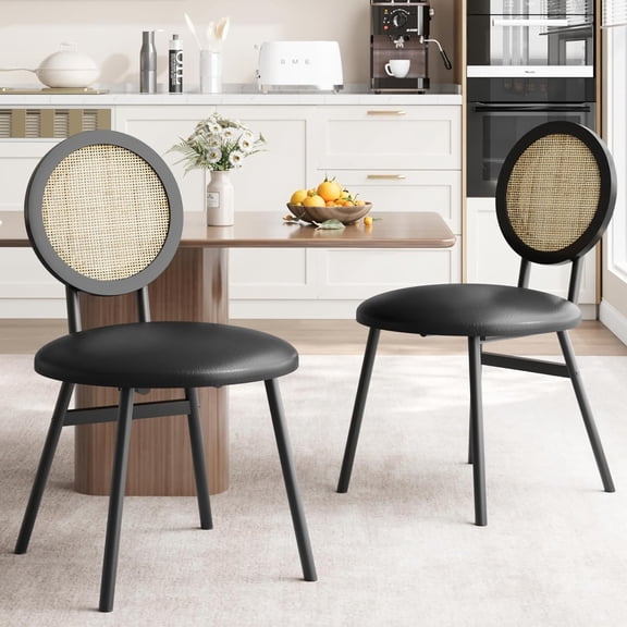 EastVita Set of 2 Black Metal Dining Chairs with Hand-Woven Rattan Backrest and Faux Leather Seat