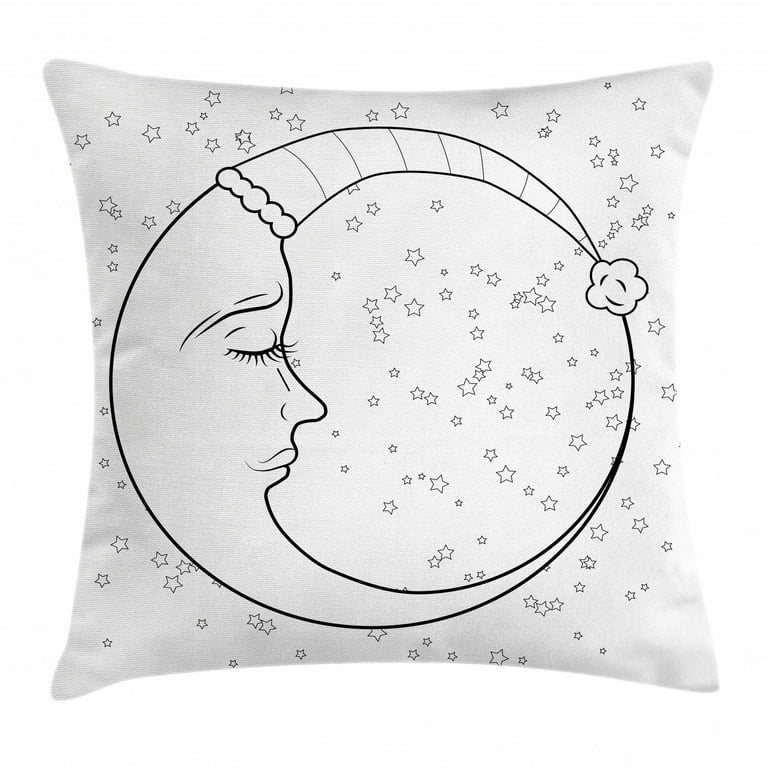 Half Moon Throw Pillow Cushion Cover, Monochrome Sleep Time Good Night  Stars with Hood Simple Sketch Pattern, Decorative Square Accent Pillow Case,  18 X 18, White Charcoal Grey, by Ambesonne 