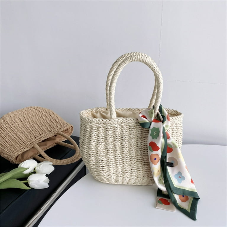 Fashion Women Woven Beach Basket Bags Boho Bamboo Handle Straw