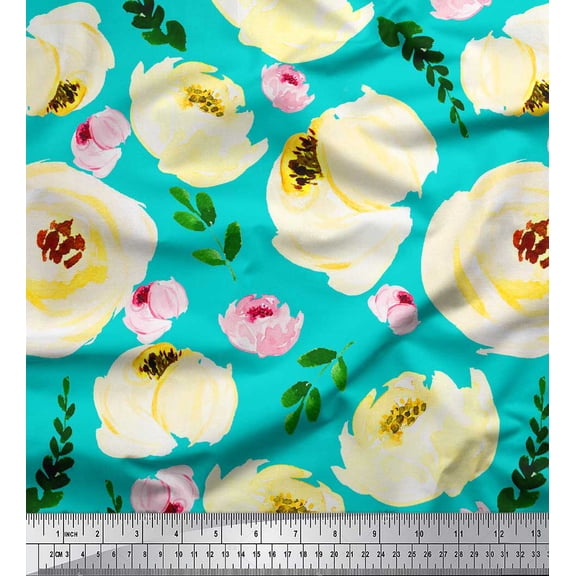 Soimoi Green Poly Georgette Fabric Leaves & Poppy Floral Print Fabric by Yard 42 Inch Wide