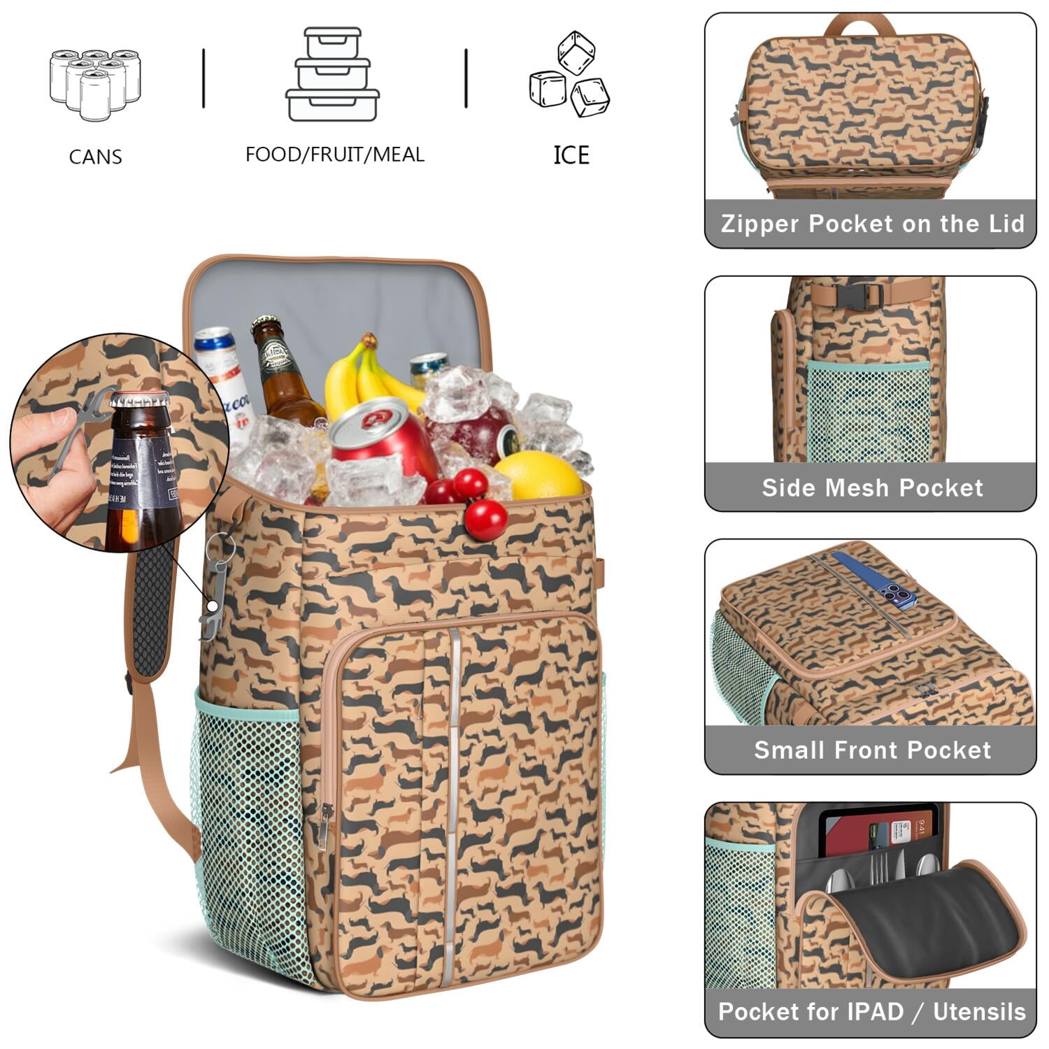 Travel Cooler Bag - Retro Style Dachshunds Camping Beer Cooler Backpack with Bottle Opener- Waterproof Insulated Picnic Backpacks - Cooler Bag for Beach