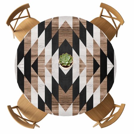 Round Fitted Tablecloth with Elastic Brown Black Wood Grain Tablecloths Waterproof Oil Proof Tribal Texture Table Cover for Kitchen Dinner Holiday Party Picnic Fits Tables up to 36 - 44 Diameter
