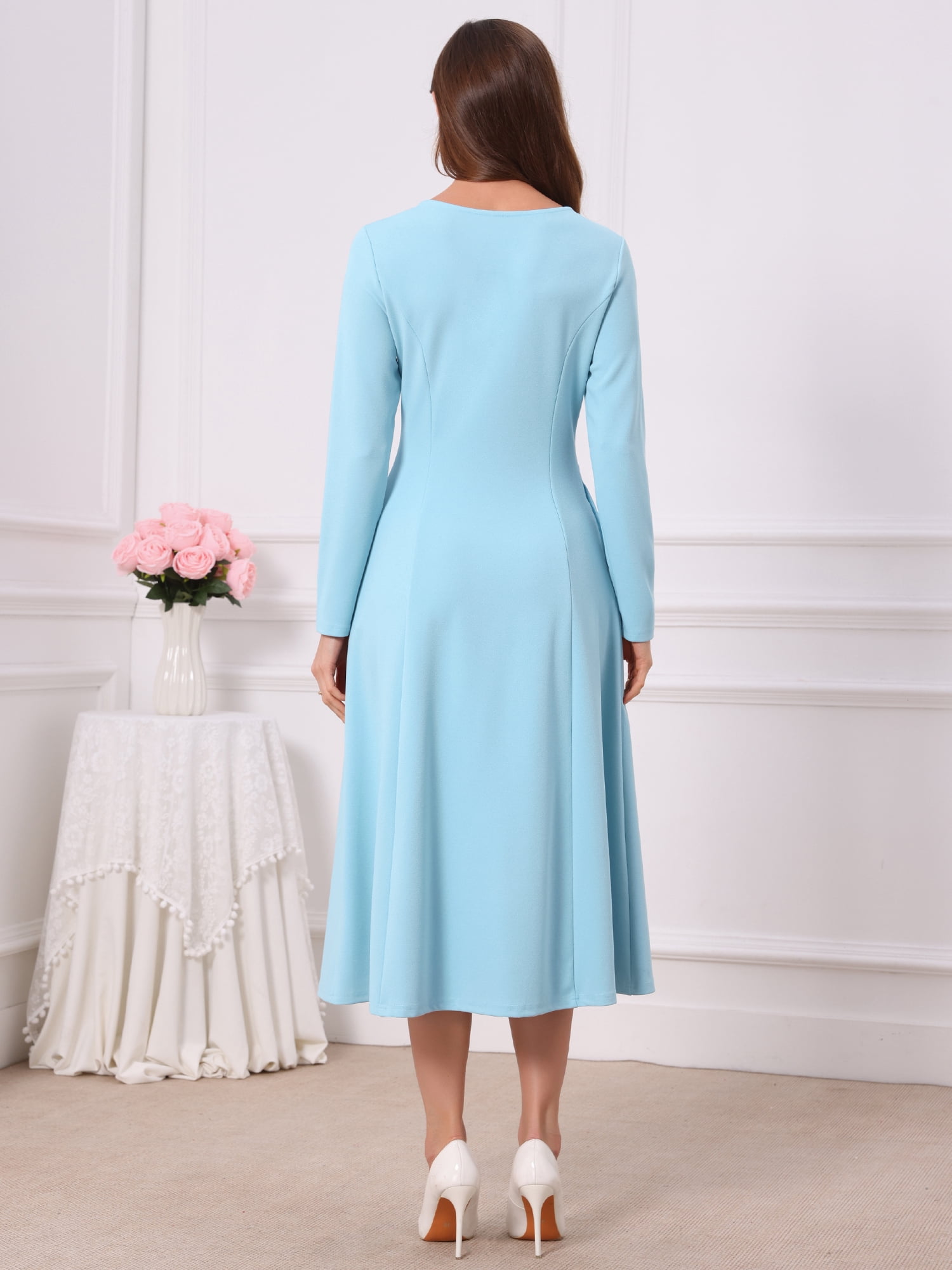 DARING DIVA Women's Long Sleeve Formal Crewneck A-Line Maxi Dress 2XL Light Blue