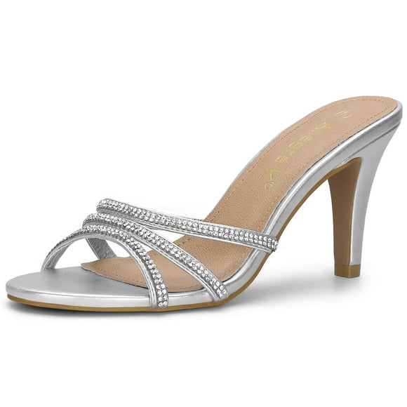 Unique Bargains Women's Rhinestone Decor Stiletto High Heel Mule Sandals Silver 6