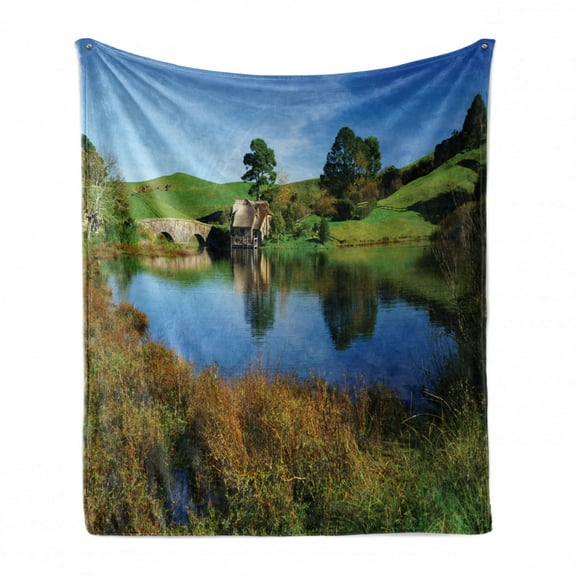 Hobbits Soft Flannel Fleece Blanket, Hobbit Land Village House by Lake with Stone Bridge Farmhouse Cottage New Zealand, Cozy Plush for Indoor and Outdoor Use, 70" x 90", Green Blue, by Ambesonne