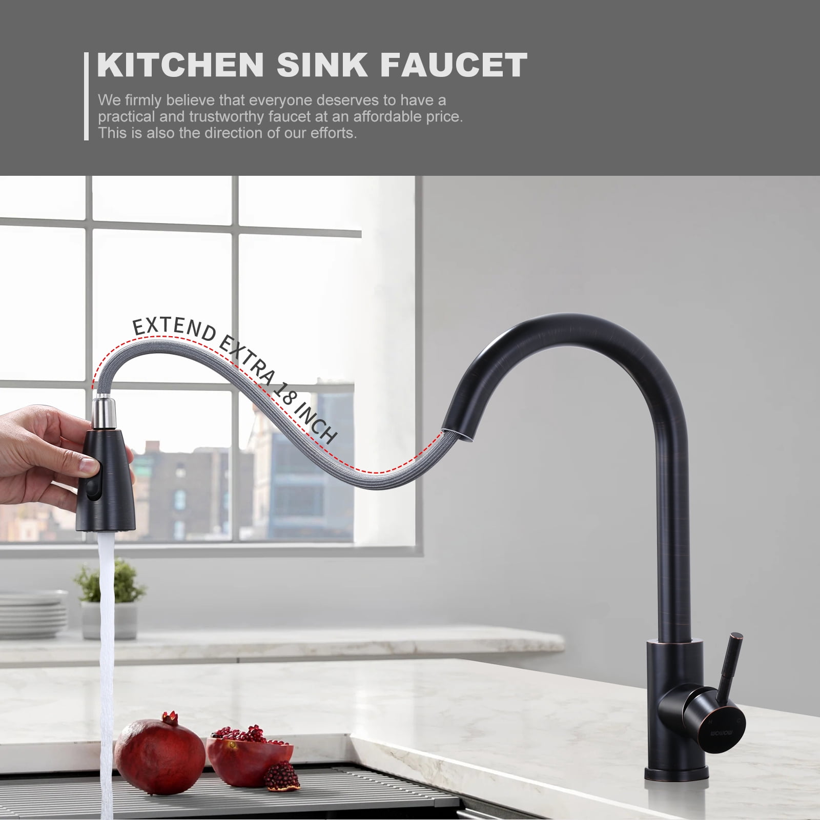 Wowow Kitchen Pull Down Lever Single Handle Kitchen Faucet with Deckplate, Oil Rubbed Bronze