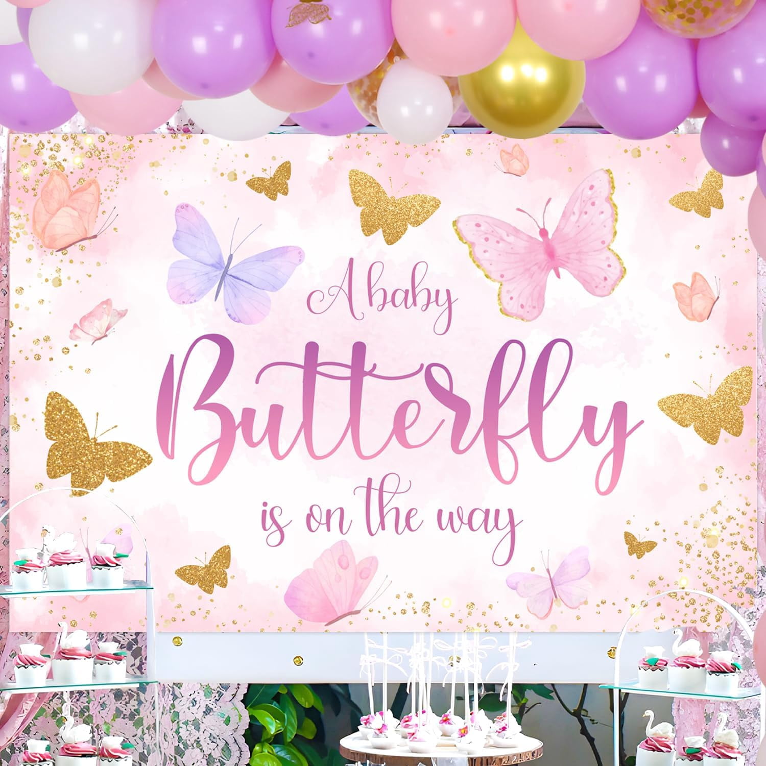 A Baby Butterfly Is On The Way Baby Shower Decorations Purple Gold Balloon Garland Arch Kit Glitter Butterfly Backdrop Golden Butterfly Wall Stickers for Girls Baby Shower Gender Reveal Decor Supplies