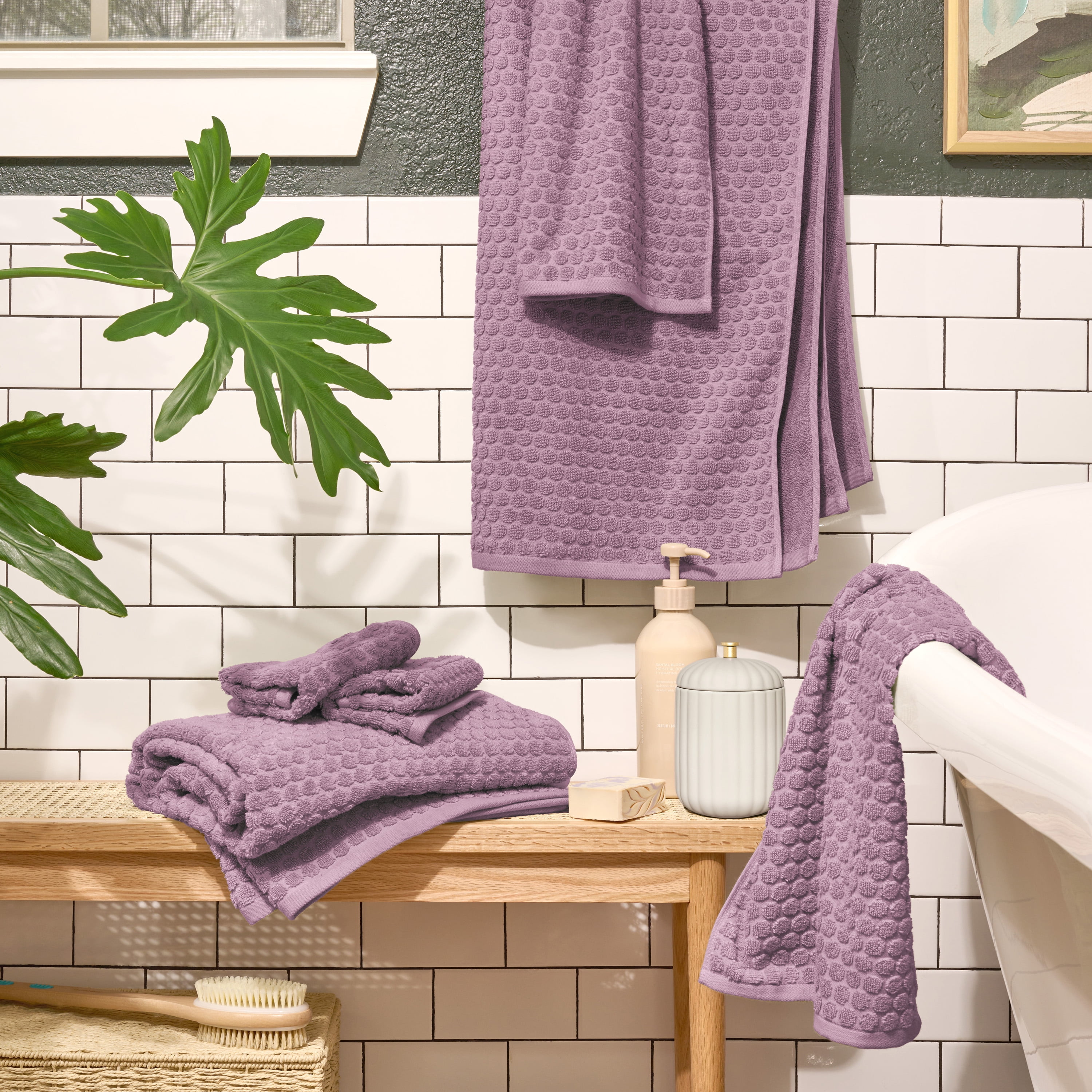 Beautiful by Drew Barrymore 6-Piece Dot Bath Towel Set, Soft 100% Cotton, Rose Pink