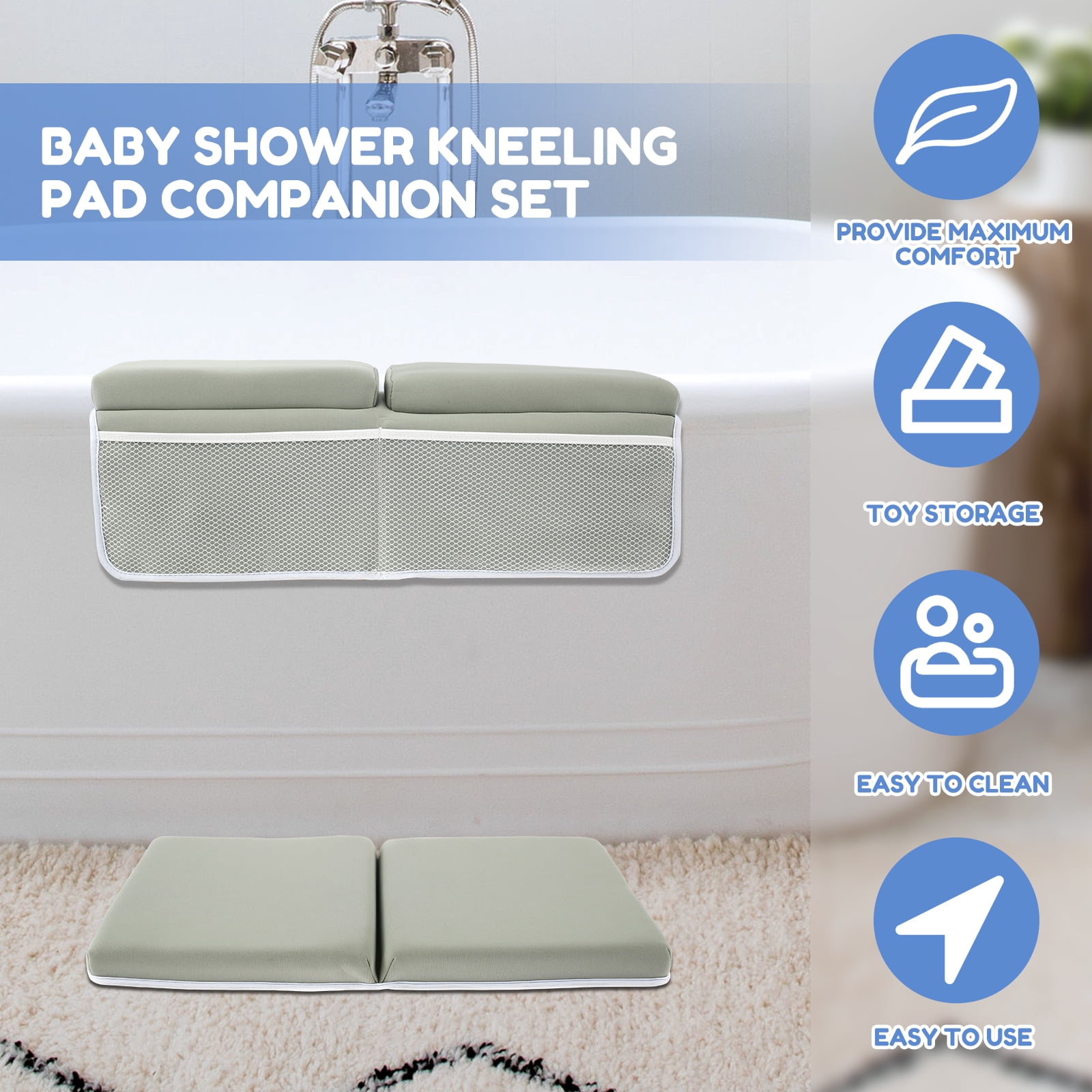 2Pcs Baby Bath Kneeler and and Elbow Rest Pad with 4 Bathtub Toy Organizer Gray