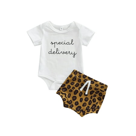 

Calsunbaby Newborn Baby Girls Outfits Short Sleeve Letter Romper Matching Leopard Shorts Summer Clothes Set 6-12 Months