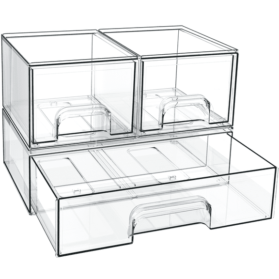 Criusia Stackable Storage Drawers Set, 3 Pack Acrylic Drawer Organizer, Makeup Organizer for Cosmetics, Skincare, Vanity, Bathroom Countertop & Under Sink, 12" x 7.5" x 7.8"